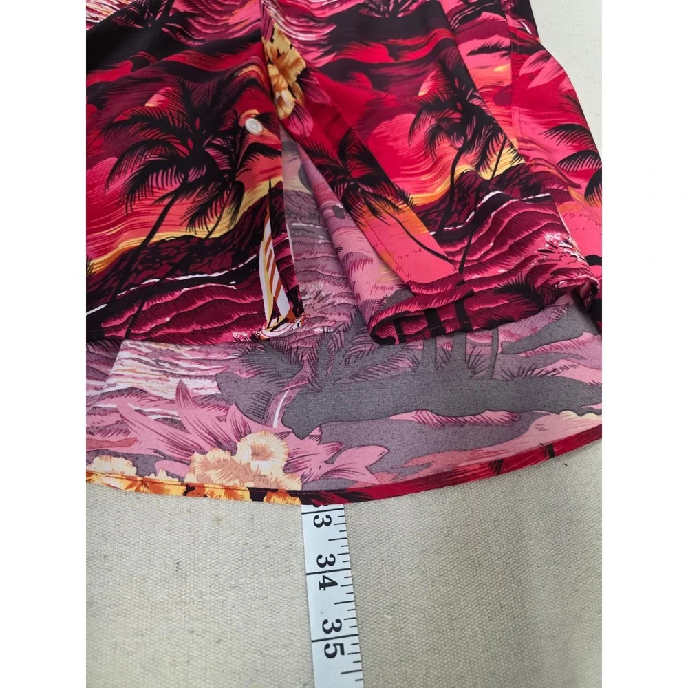 Tropical Sunset Palm Tree‎ Hibiscus Button Down Shirt Red Mens Large Tall L-T